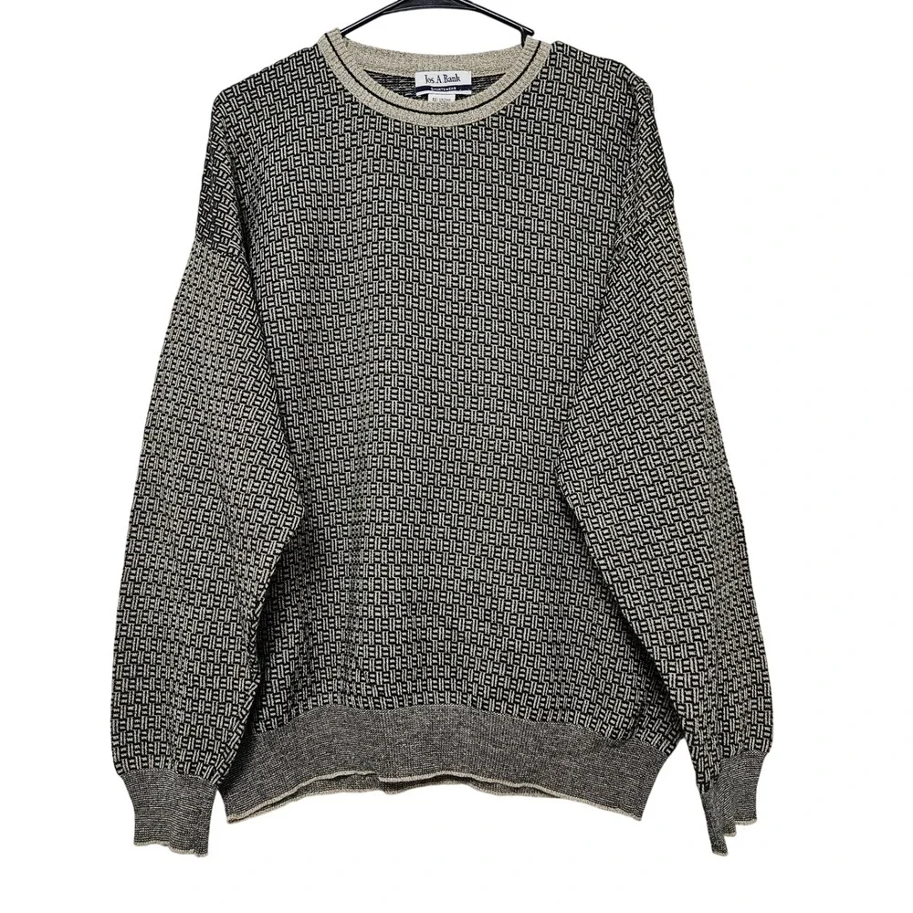 Vintage 90s GrandpaCore Jos A Bank Italian Knit Gray Cream Sweater XL‎ CozyCore